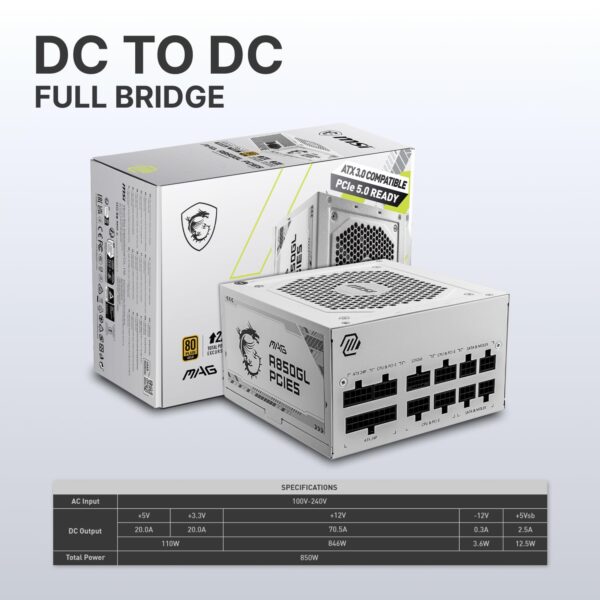 MSI MAG A850GL PCIE 5.1 White Gaming Power Supply - Full Modular - 80 Plus Gold Certified 850W - ATX 3.1 & PCIE 5.1 Ready Compact Size - ATX PSU - (Renewed) - Image 3