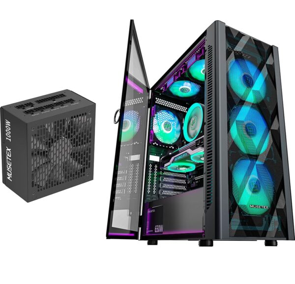 MUSETEX NN8 PC CASE ATX 6 PWM ARGB Fans Pre-Installed Bundled 1000W PC Power Supply