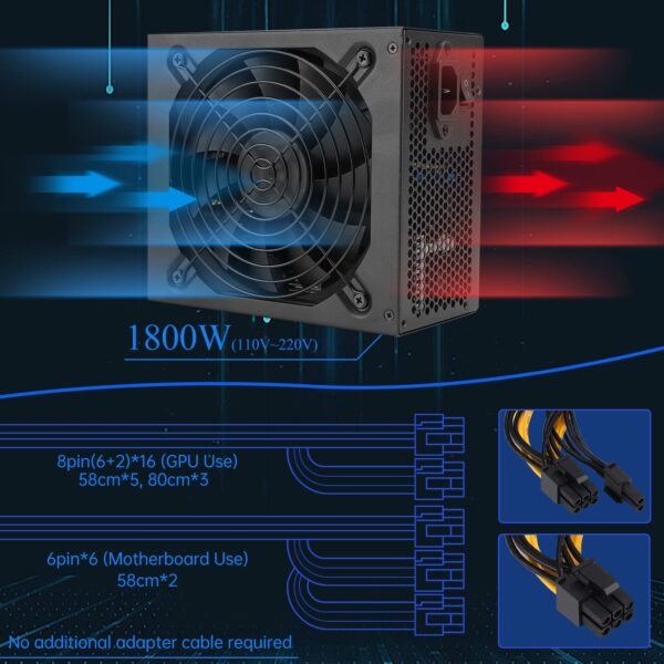 SUOHUI GPU Mining Rig Complete Mining Server Case for Ethereum/ETH Crypto Mining Prebuilt 8 GPU Mining Motherboard, 1800W PSU, 8 Cooling Fans, 8GB RAM,128GB SSD,(without GPUs) -Black - Image 4