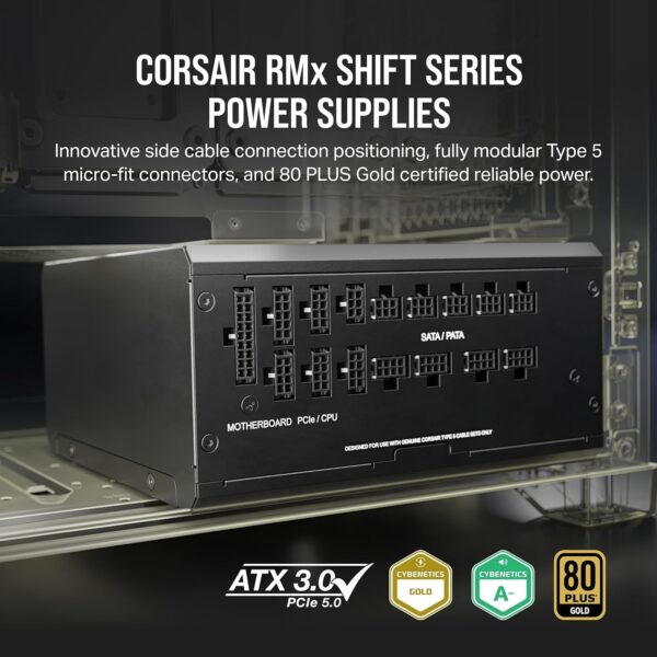 Corsair RM1200x Shift Fully Modular ATX Power Supply - Modular Side Interface - ATX 3.0 & PCIe 5.0 Compliant - Zero RPM Fan Mode - 105°C-Rated Capacitors - 80 Plus Gold Efficiency - Black (Renewed) - Image 6