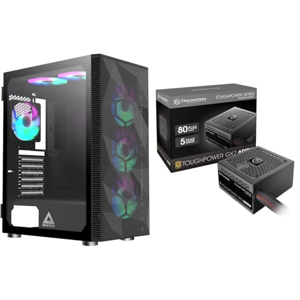 Montech X3 Mesh 6pcs, 3 x 140mm& 3 x 120mm Fixed RGB Lighting Fans ATX Mid-Tower PC Gaming Case & Thermaltake Toughpower GX2 80+ Gold 600W SLI/Crossfire Ready Continuous Power ATX 12V