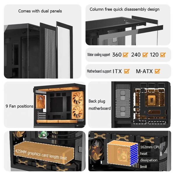 Computer Case 270° Tempered Glass Mid-Tower Case - Compatible with M-ATX/ITX Motherboard - 9 Fan Positions - Supports Water Cooling - Support Back Insertion of Motherboard(Black) - Image 2