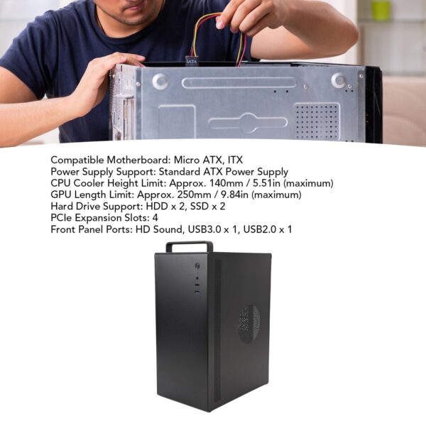 Micro ATX ITX Computer Case, 250mm GPU, 140mm CPU Cooler, SSD HDD Support, ATX Desktop PC Case with USB 2.0 3.0 Ports - Image 4