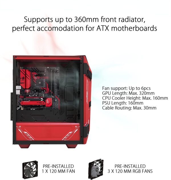 Computer Case GX-301 ATX mid-Tower Compact case with Tempered Glass Side Panels, Honeycomb Front Panel, 120mm RGB Fan, Headphone Hook, 360mm Radiator - Image 3