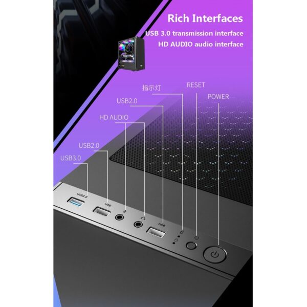 ATX Case, Mid-Tower PC Gaming Case ATX/M-ATX - Front I/O USB 3.0 Port - Tempered Glass Side Panel - Support Water Cooling - 8 Fan Position - Image 8