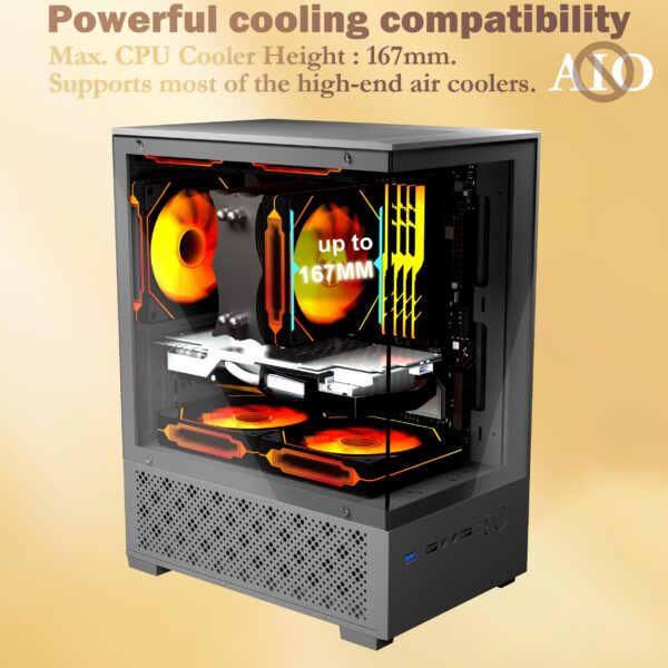 Micro ATX Case, MATX PC Case with 3 X 120mm5V 3-Pin ARGB Fan Pre-Installed, Panoramic View Tempered Glass Front & Side Panel, Black - Image 3