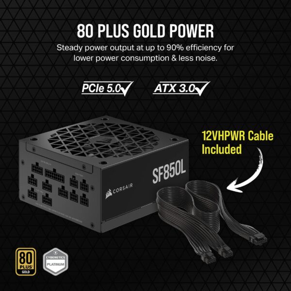 Corsair SF850L Fully Modular Low-Noise SFX Power Supply - ATX 3.0 & PCIe 5.0 Compliant - Quiet 120mm PWM Fan - 80 Plus Gold Efficiency - Zero RPM Mode - 105°C-Rated Capacitors - Black (Renewed) - Image 3