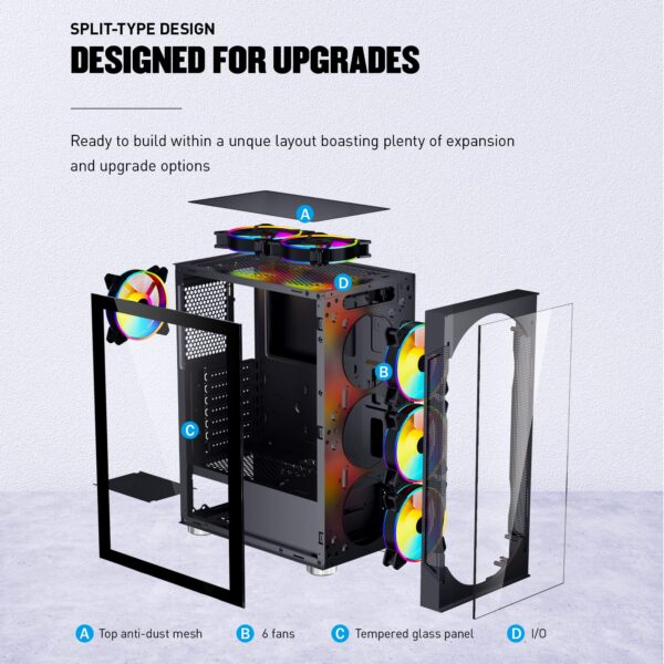ATX Mid-Tower Computer Case, ESGAMING PC Case with Pre-Installed 6pcs 120mm ARGB Fans, Opening Tempered Glass Front&Side Panel USB 3.0 for Gaming/Office/Work A500 - Image 7