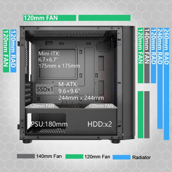 MOROVOL 2pcs 120mm ARGB Fans Pre-Installed 2 x USB 3.0 Mesh (Micro-ATX) Matx Computer Case, Opening Tempered Glass Panels Airflow Computer Chassis Gaming PC Case Desktop Cases,TW7-S2-BL - Image 6