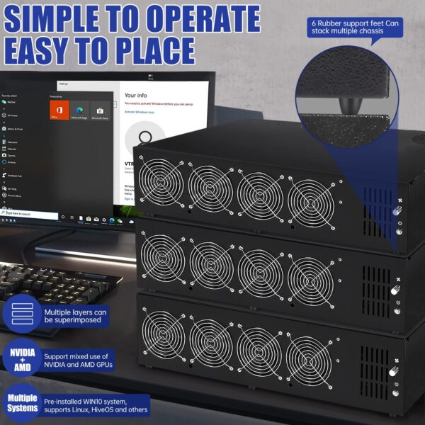 SUOHUI GPU Mining Rig Complete Mining Server Case for Ethereum/ETH Crypto Mining Prebuilt 8 GPU Mining Motherboard, 1800W PSU, 8 Cooling Fans, 8GB RAM,128GB SSD,(without GPUs) -Black - Image 2