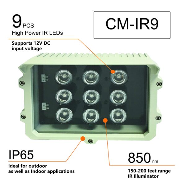 CMVision IR9 WideAngle 60-80 Degree 9pc Power LED IR Array Illuminator (2A UL Power Included) (Renewed) - Image 2