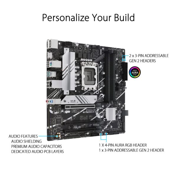ASUS Prime B760M-A D4 Intel® B760 (LGA 1700)(13th and 12th Gen) mATX Motherboard, PCIe 4.0, 2xM.2 Slots,2.5Gb LAN, DisplayPort,Dual HDMI,Rear USB 3.2 Gen 2, Front 1 Type-C®, Aura Sync (Renewed) - Image 5
