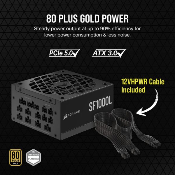 Corsair 1000W Fully Modular SFX Power Supply - ATX 3.0, PCIe 5.0, Quiet 120mm Fan, 80 Plus Gold, Zero RPM Mode, 105°C Capacitors - Black (Renewed) - Image 3