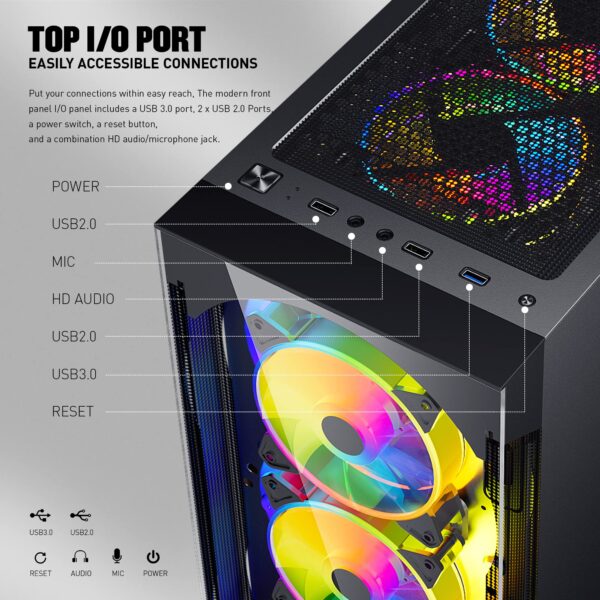 ATX Mid-Tower Computer Case, ESGAMING PC Case with Pre-Installed 6pcs 120mm ARGB Fans, Opening Tempered Glass Front&Side Panel USB 3.0 for Gaming/Office/Work A500 - Image 2