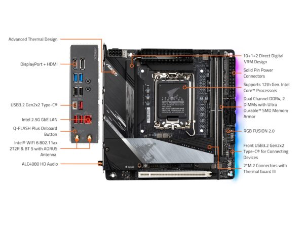 GIGABYTE Z690I AORUS Ultra LITE DDR4 (LGA 1700/ Intel Z690/ Mini-ITX/ DDR4/ Dual M.2/ PCIe 3.0/ USB 3.2 Gen2X2 Type-C/Intel WiFi 6 AX201/ Intel 2.5 GbE LAN/Gaming Motherboard) (Renewed) - Image 7