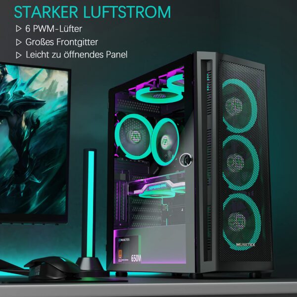 MUSETEX ATX PC Case Preinstallation of 6 PWM ARGB Fans, Mid-Tower Gaming Case with Tempered Glass Side Panel, Mesh Computer Case, TW8 - Image 6