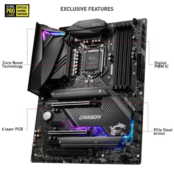 MSI MPG Z490 Gaming Carbon WiFi Gaming Motherboard (ATX, 10th Gen Intel Core, LGA 1200 Socket, DDR4, SLI/CF, Dual M.2 Slots, USB 3.2 Gen 2, Wi-Fi 6, DP/HDMI, Mystic Light RGB) (Renewed) - Image 2