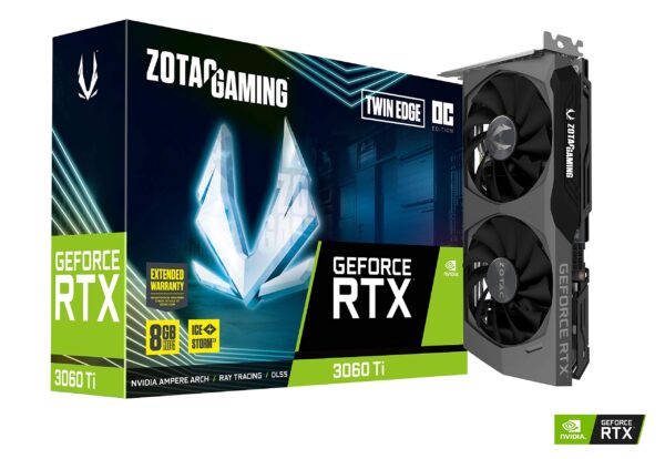 ZOTAC Gaming GeForce RTX 3060 Ti Twin Edge OC 8GB GDDR6 256-bit 14 Gbps PCIE 4.0 Gaming Graphics Card, IceStorm 2.0 Advanced Cooling, Active Fan Control, Freeze Fan Stop ZT-A30610H-10M (Renewed)