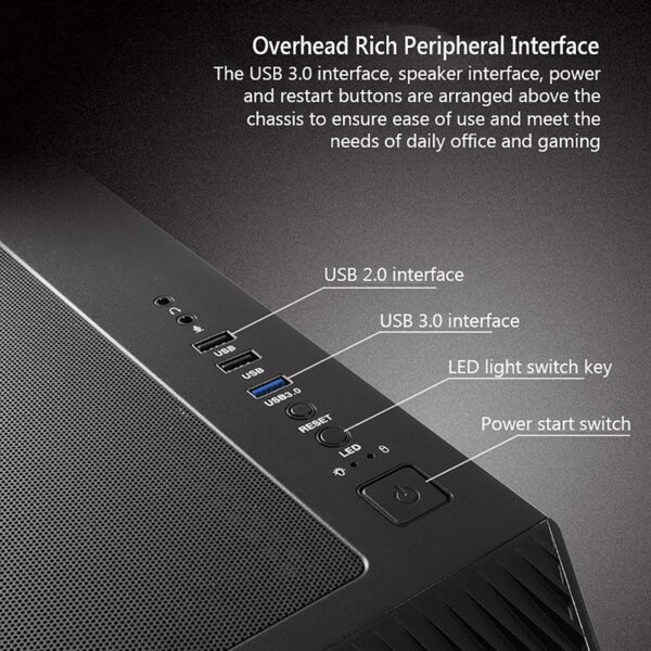 ZXFF Black ATX Case Mid-Tower Gaming Case with 1 Tempered Glass Window, I/O Panel USB3.0/USB2.0/Audio Port, with RGB Light Bar - Image 6