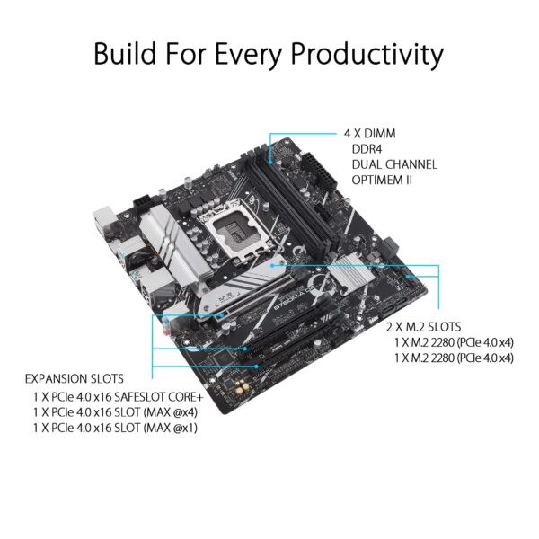 ASUS Prime B760M-A D4 Intel® B760 (LGA 1700)(13th and 12th Gen) mATX Motherboard, PCIe 4.0, 2xM.2 Slots,2.5Gb LAN, DisplayPort,Dual HDMI,Rear USB 3.2 Gen 2, Front 1 Type-C®, Aura Sync (Renewed) - Image 4