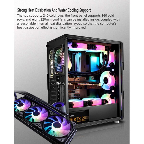 ZXFF Black ATX Case Mid-Tower Gaming Case with 1 Tempered Glass Window, I/O Panel USB3.0/USB2.0/Audio Port, with RGB Light Bar - Image 5
