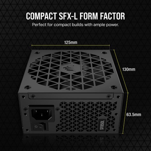 Corsair SF850L Fully Modular Low-Noise SFX Power Supply - ATX 3.0 & PCIe 5.0 Compliant - Quiet 120mm PWM Fan - 80 Plus Gold Efficiency - Zero RPM Mode - 105°C-Rated Capacitors - Black (Renewed) - Image 4