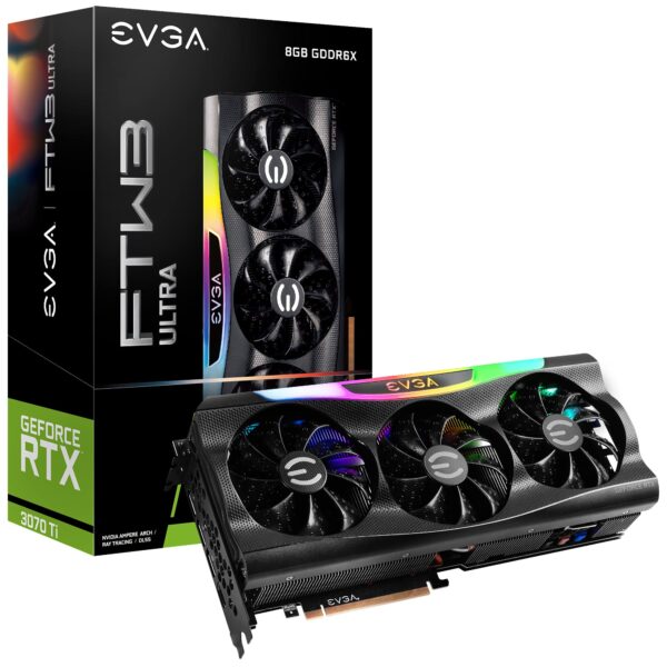 EVGA GeForce RTX 3070 Ti FTW3 Ultra Gaming, 8GB GDDR6X, 19000MHz Memory, 1860MHz GPU, 3 Fans, ARGB LED, Metal Backplate, PCIe 4.0, DisplayPort, Desktop Compatible