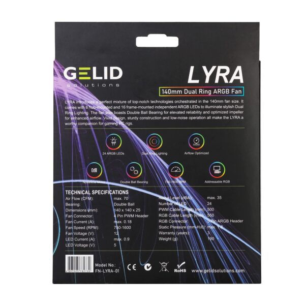 Gelid Solutions Lyra 140mm Dual Ring ARGB Fan (Pack of 1), 24 ARGB LED, Addressable RGB Controls, Noiseless Motor, Airflow Optimized, Daisy-Chain Compatible, FN-LYRA-01 - Black - Image 5