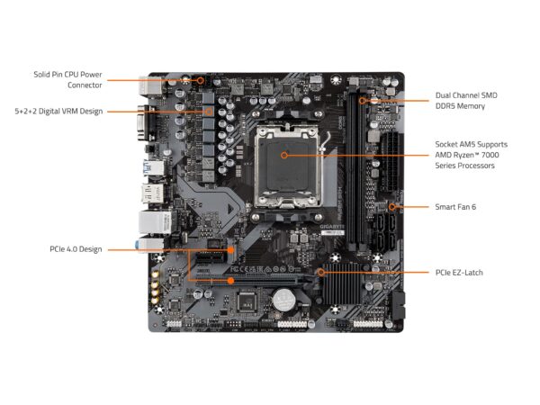 GIGABYTE A620M S2H (AM5/ LGA 1718/ AMD/ A620/ Micro ATX/ 5-Year Warranty/ DDR5/ Single M.2/ PCIe 4.0/ USB 3.2 Gen1/ Realtek 1GbE LAN/Q-Flash Plus/PCIe EZ-Latch/Motherboard) (Renewed) - Image 6