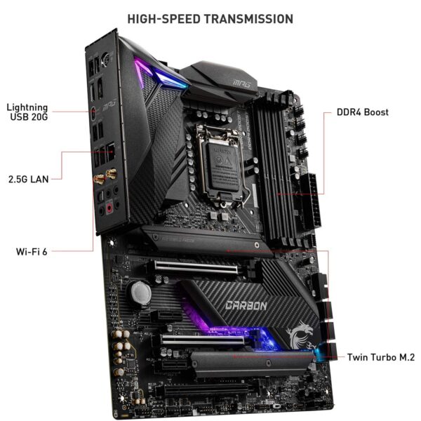 MSI MPG Z490 Gaming Carbon WiFi Gaming Motherboard (ATX, 10th Gen Intel Core, LGA 1200 Socket, DDR4, SLI/CF, Dual M.2 Slots, USB 3.2 Gen 2, Wi-Fi 6, DP/HDMI, Mystic Light RGB) (Renewed) - Image 4