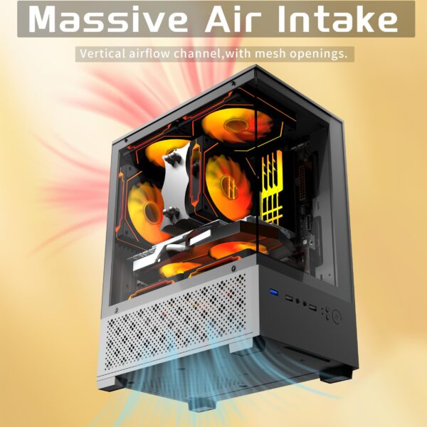 Micro ATX Case, MATX PC Case with 3 X 120mm5V 3-Pin ARGB Fan Pre-Installed, Panoramic View Tempered Glass Front & Side Panel, Black - Image 2