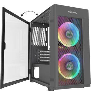 MOROVOL 2pcs 120mm ARGB Fans Pre-Installed 2 x USB 3.0 Mesh (Micro-ATX) Matx Computer Case, Opening Tempered Glass Panels Airflow Computer Chassis Gaming PC Case Desktop Cases,TW7-S2-BL