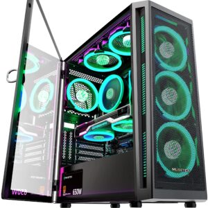 MUSETEX ATX PC Case Preinstallation of 6 PWM ARGB Fans, Mid-Tower Gaming Case with Tempered Glass Side Panel, Mesh Computer Case, TW8