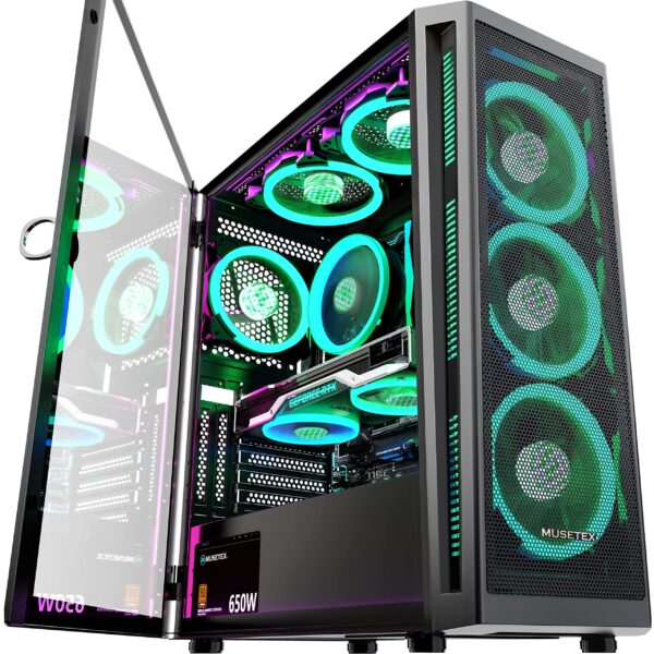 MUSETEX ATX PC Case Preinstallation of 6 PWM ARGB Fans, Mid-Tower Gaming Case with Tempered Glass Side Panel, Mesh Computer Case, TW8