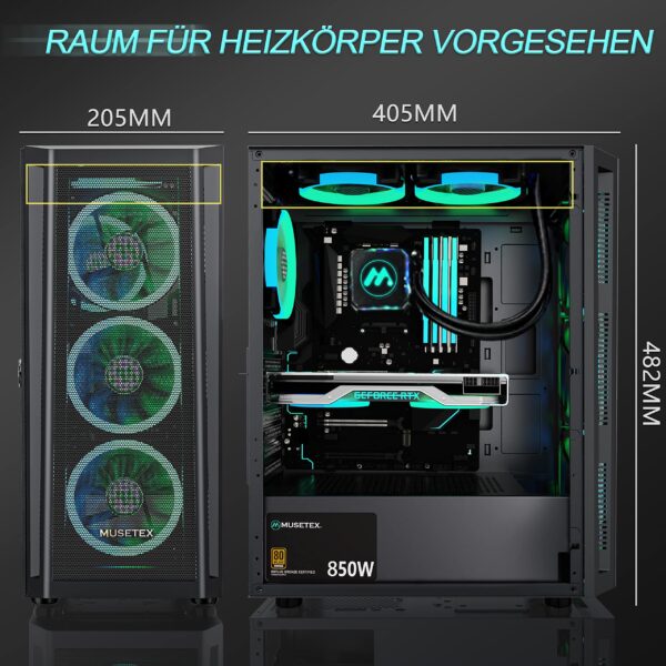 MUSETEX ATX PC Case Preinstallation of 6 PWM ARGB Fans, Mid-Tower Gaming Case with Tempered Glass Side Panel, Mesh Computer Case, TW8 - Image 5
