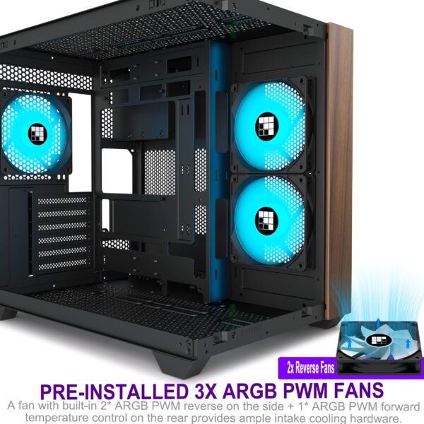 FOIFKIN PC Case -Walnut front panel, Pre-Installed 3 PWM ARGB Fan, ATX Mid-Tower Gaming PC Case, 270° Panoramic Glass, M3 Black - Image 4
