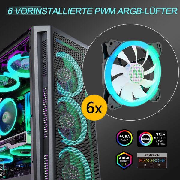 MUSETEX ATX PC Case Preinstallation of 6 PWM ARGB Fans, Mid-Tower Gaming Case with Tempered Glass Side Panel, Mesh Computer Case, TW8 - Image 2