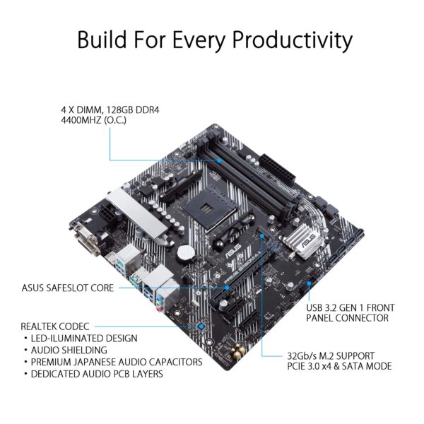ASUS Prime B450M-A II AMD AM4 (Ryzen 5000, 3rd/2nd/1st Gen Ryzen Micro ATX Motherboard (128GB DDR4, 4400 O.C.), NVMe, HDMI 2.0b/DVI/D-Sub, USB 3.2 Gen 2, BIOS Flashback, and Aura Sync) (Renewed) - Image 4